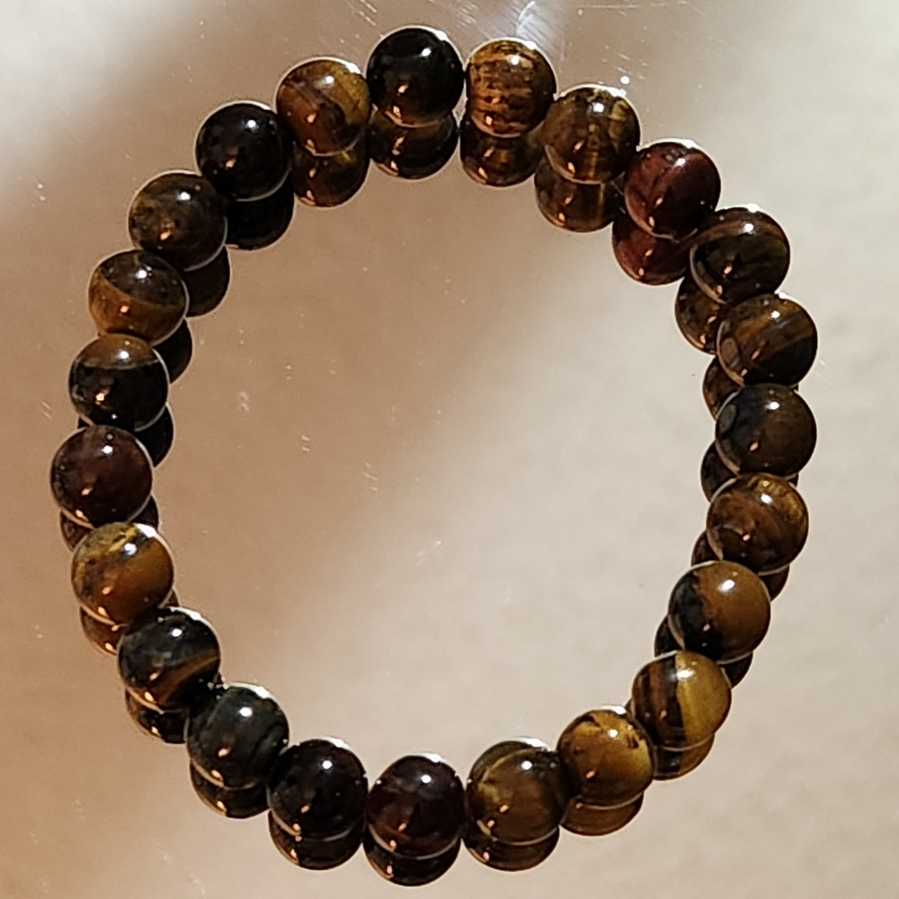 Genuine Natural Tiger Eye Red, Blue, Brown 8mm Beaded Bracelet Size 7" stretch. - Picture 3 of 3